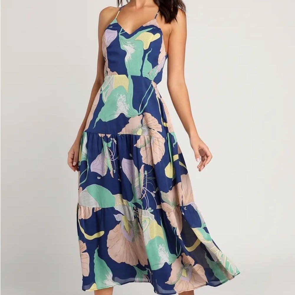 NWOT Hours of Flowers Blue Multi Floral Lace-Up Tiered Midi Dress